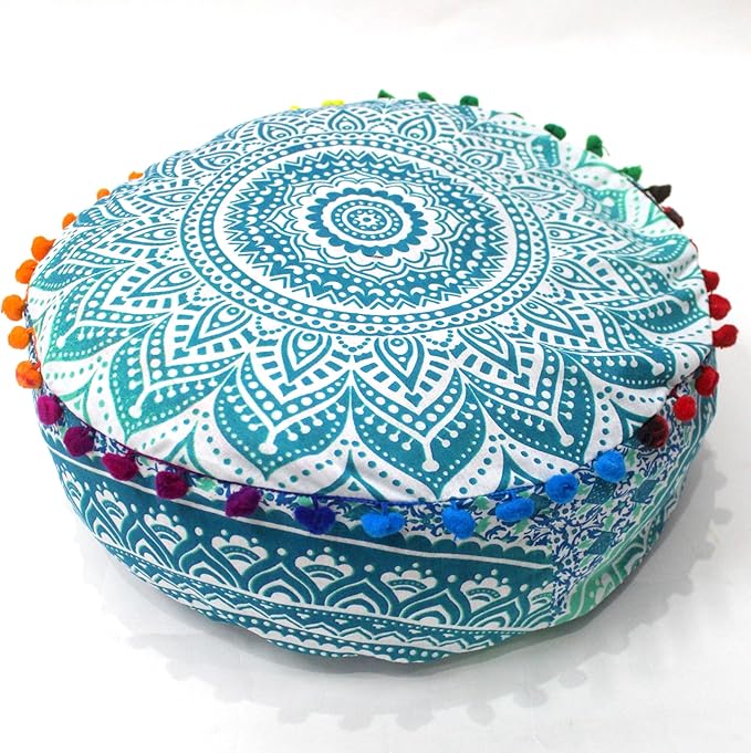 CRAFT KALA Green Ombre Large Hippie Mandala Meditation Floor Ottoman Pillow Cushion Pouf Cover Square Poufs Bohemian Circle Floor Cushion Case Outdoor Fireplace Yoga Living Room Decor Cover 18" Round
