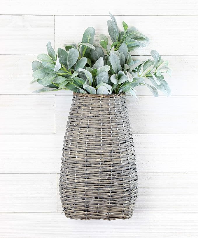 AuldHome Design Wall Hanging Pocket Basket; Woven Wicker Rustic Farmhouse Gray Washed Long Basket; 17 x 9 x 5 Inches