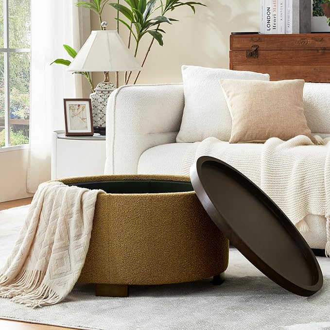 30 Inch Round Storage Ottoman, Ottoman Coffee Table with Lift Off Lid, Boucle Modern Ottomans with Storage for Living Room, Bedroom, Apartments (Yellow)