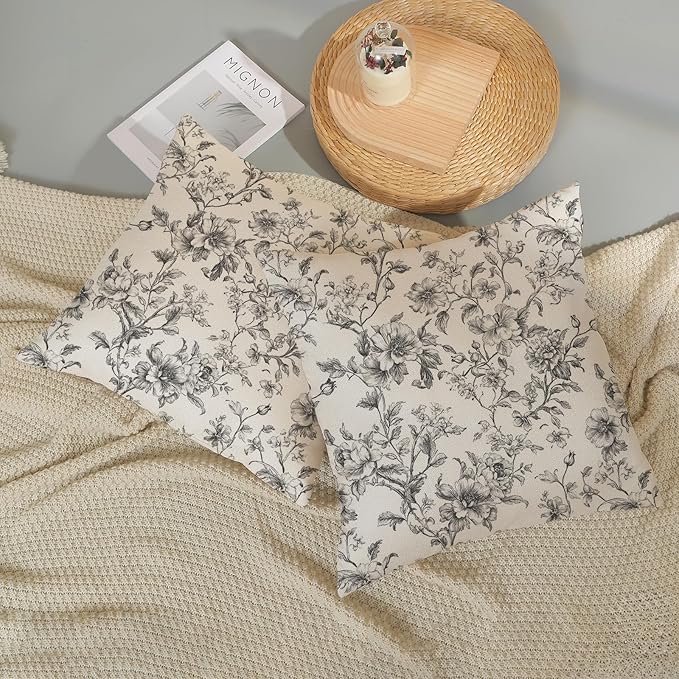Black and Cream Pillow Covers 16x16 Set of 2 Vintage Floral Chinoiserie Throw Pillows Rustic Toile Flower Decorative Pillow Cases Outdoor Chinoiserie Decor Linen Cushion Case for Couch Sofa