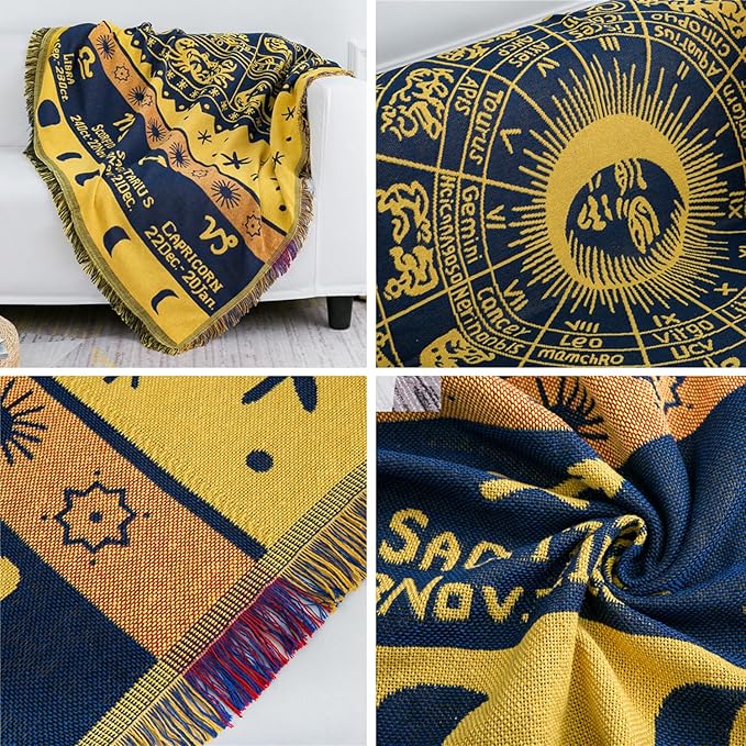 Boho Throw Blankets Woven Reversible Cotton Bohemian Tapestry Hippie Room Decor Witchy Astrology Zodiac Celestial Constellation Carpet Bed Recliner Chair Couch Sofa Cover Double Sided 70"x90"