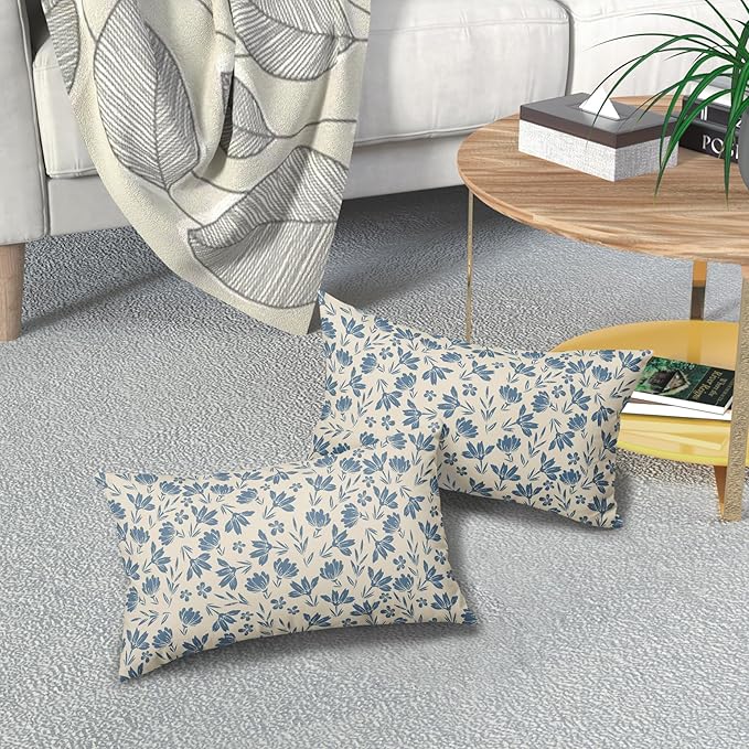Light Blue Floral Pillow Covers 12x20 Set of 2 Vintage Rustic Old Style Cute Small Flower Blue Cream Print Decorative Outdoor Pillowcases Farmhouse Throw Cushion Case Decor for Couch Sofa Bed