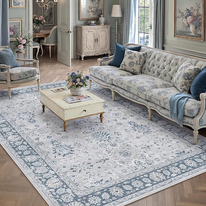 5x7 Area Rug Blue Washable Vintage Carpet Living Room Bedroom Non Slip Stain Soft Resistant Low Pile Thin Boho Accent Indoor Throw Rug for Dining Room Office
