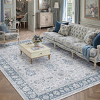 5x7 Area Rug Blue Washable Vintage Carpet Living Room Bedroom Non Slip Stain Soft Resistant Low Pile Thin Boho Accent Indoor Throw Rug for Dining Room Office