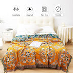 Boho Throw Blanket, 100% Cotton Soft Sofa Bed Throw-Floral Farmhouse Decor Blanket, Reversible Bohemian Throw for Chair Couch Quilt and Gift, 60" x 80"-Yellow