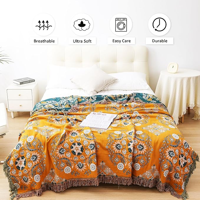 Boho Throw Blanket, 100% Cotton Soft King Yellow Throw for Bed-Floral Farmhouse Decor Blanket, Reversible Bohemian Throw for Sofa Chair Couch Quilt and Gift, 91" x 98"