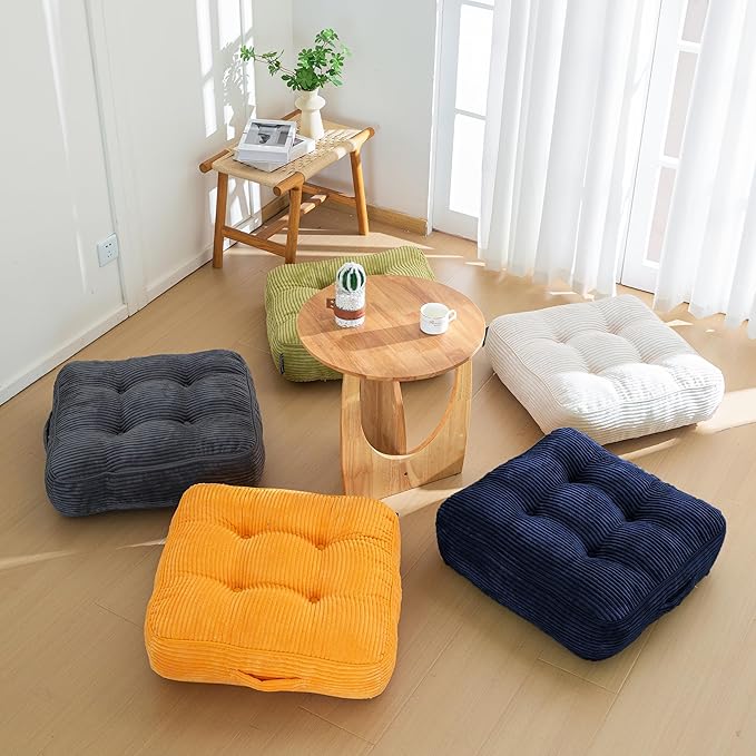 HIGOGOGO 8" Extra Thick Floor Pillow Cushion for Adults, Meditation Cushion Pillow, Large Square Floor Sitting, Tufted Corduroy Cover, for Tatami Living Room or Yoga, 22x22 Inch, Orange