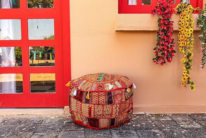 THE ART BOX Cotton Patchwork Vintage Boho Embroidered Bean Bag Seating Pouf Covers Ottoman Kids Stool Decorative Chair Boho Home Décor (14x22 Inches, Cover Only)