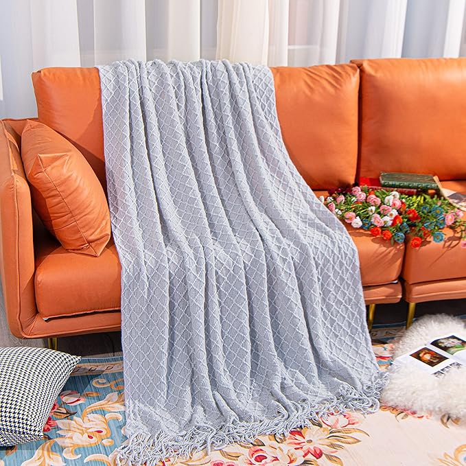 NTBAY Acrylic Knitted Throw Blanket, Lightweight and Soft Cozy Decorative Woven Blanket with Tassels for Travel, Couch, Bed, Sofa, 51x67 Inches, Light Grey Checkered