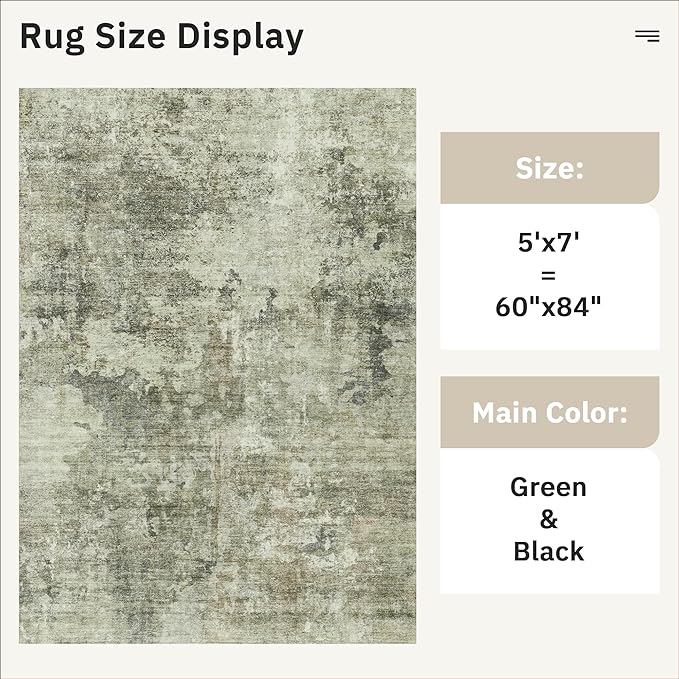 Abstract Rug 5x7 Machine Washable Area Indoor Green Black Low Pile Non-Slip Foldable Thin Accent Rugs for Bedroom Living Room Dining Room