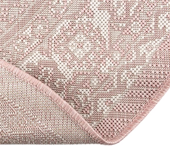 Rugs.com Outdoor Aztec Collection Rug – 13 Ft Round Pink Flatweave-Pile Rug Perfect for Kitchens, Dining Rooms