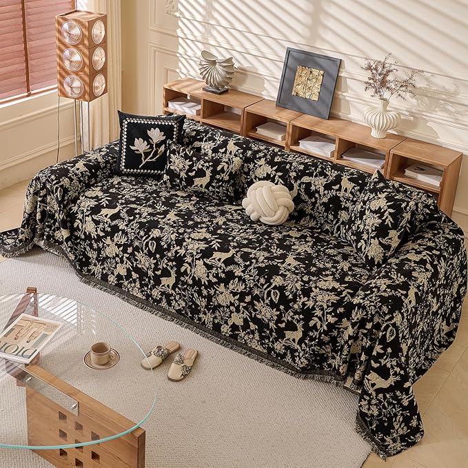 ROOMLIFE Black Sofa Cover, Vintage Boho Couch Cover for 3 Cushion Sofa, Non Slip Soft Chenille Sofa Slipcovers for Dog, Washable Furniture Sofa Protector Cover with Tassel for Living Room, 71''X118”