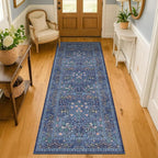 Non Slip 2x7 Dark Blue Entryway Runner Washable - Long Runner Rugs for Kitchen, Hallway, Bathroom, Bedroom Bedside - Dusky Navy Vintage Floral Décor
