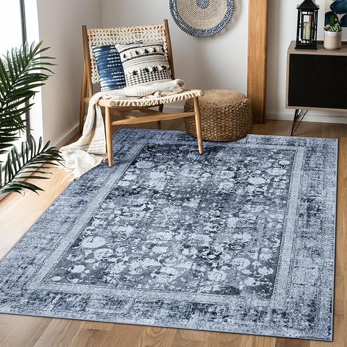 Area Rug 4×6, Vintage Boho Rug,Ultra-Soft Low Pile, Washable, Non Slip,Stain Resistant Printed Carpet for Living Room Bedrooms Playroom Office Kitchen, Stone/Blue