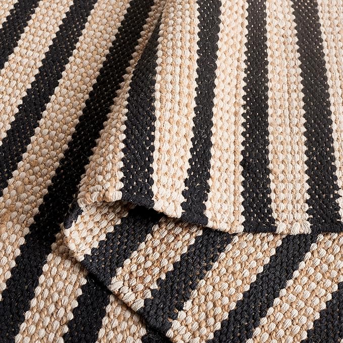 SAFAVIEH Natural Fiber Collection Area Rug - 4' x 6', Natural & Black, Rustic Farmhouse Boho Striped Style, Handmade Jute & Cotton, Ideal for The Living Room, Bedroom, Dining Room (NFB325Z-4)