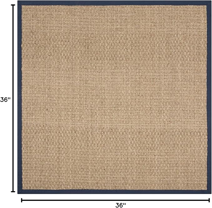SAFAVIEH Area Rug 3' Square - Natural Fiber Collection - Natural & Blue, Seagrass, Basketweave Pattern with Border (NF114E)