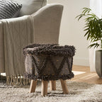 Dark Brown Handcrafted Wool & Cotton 16x16 Foot Stool - Boho Style Ottoman Foot Rest for Living Room