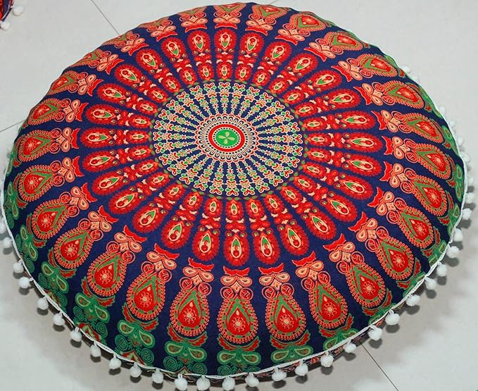 CRAFT KALA Round Mandala Boho Pillow Cover Meditation India Room Seating Poufs Cover for Living Room Yoga Home Décor Bedroom Balcony Garden Decoration Cotton Floor Cushion Cover (32", Multi Mirchi)