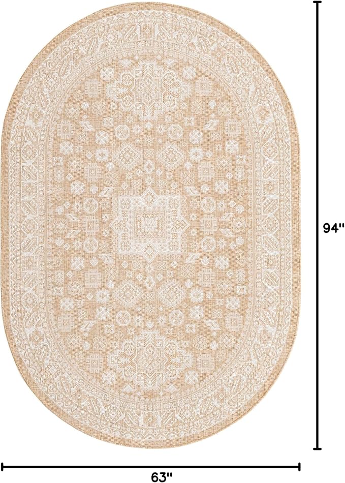 Rugs.com Outdoor Aztec Collection Rug – 5' x 8' Oval Natural Flatweave Rug Perfect for Living Rooms, Large Dining Rooms, Open Floorplans