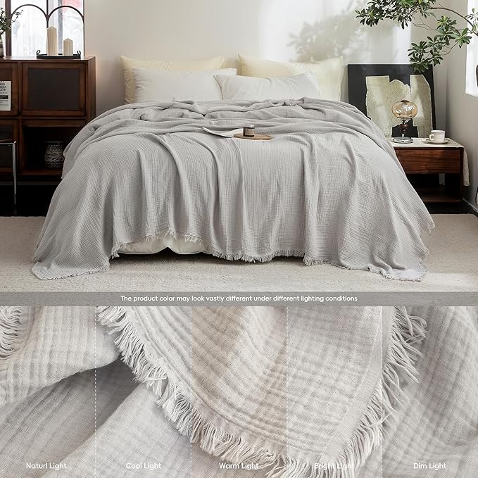 FOSSA Muslin Blanket with Fringe - 4-Layer 100% Cotton Gauze Super Soft & Breathable Throw -Lightweight Decorative Cooling Blanket for Bed, Sofa, Office (Grayish, Throw (60" × 50"))