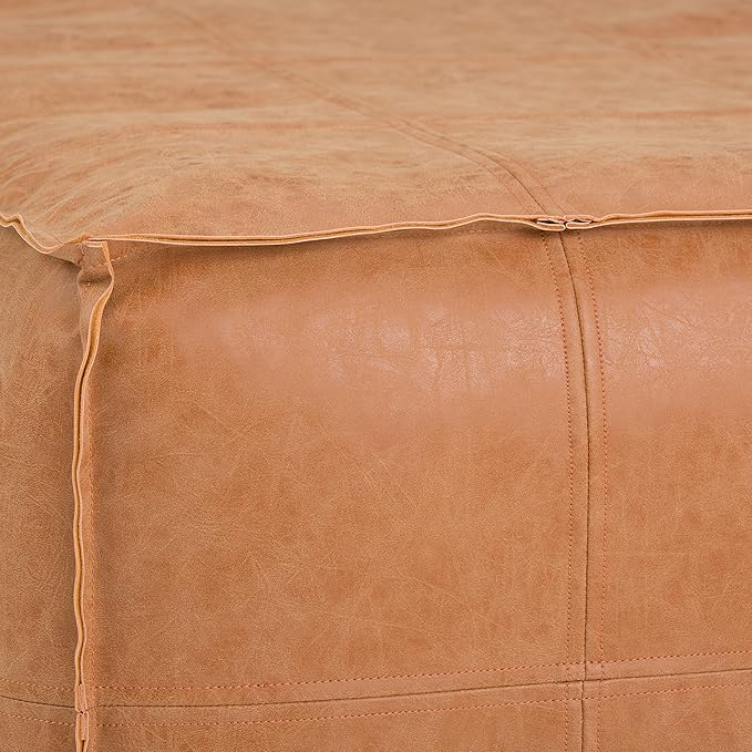 SIMPLIHOME Brody Large Square Coffee Table Pouf - 30 inch Wide Upholstered Vegan Leather Ottoman in Distressed Brown, Boho Footstool, Coffee Table or Extra Seating for Living Room, Assembled