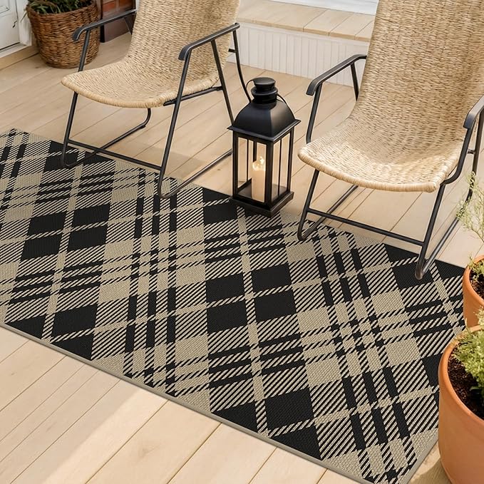 JTJ Geometric Outdoor Runner 2x6 - Easy Jute Woven Throw Rug for Kitchen, Balcony, Mudroom, Hallway Runner Non Slip Washable, Low Pile Vintage Black and White Checkered Aesthetic Decor