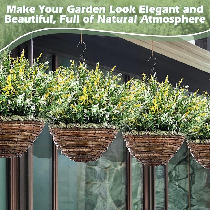 2 Sets Artificial Lavender Flowers with Hanging Basket for Outdoor Indoor Artificial Faux Hanging Flowers Plants Rattan Lining for Porch Garden Yard Spring Summer Decor(White,Yellow)