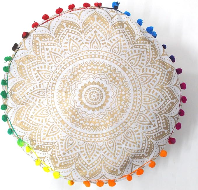 ICC Floor Pillows & Cushion covers Decorative Hippie Mandala Pouf Pillow covers Seating Meditation Cushion Cover Large Boho Ottoman Case Pillowcase Couch White Gold Ombre 16" Round