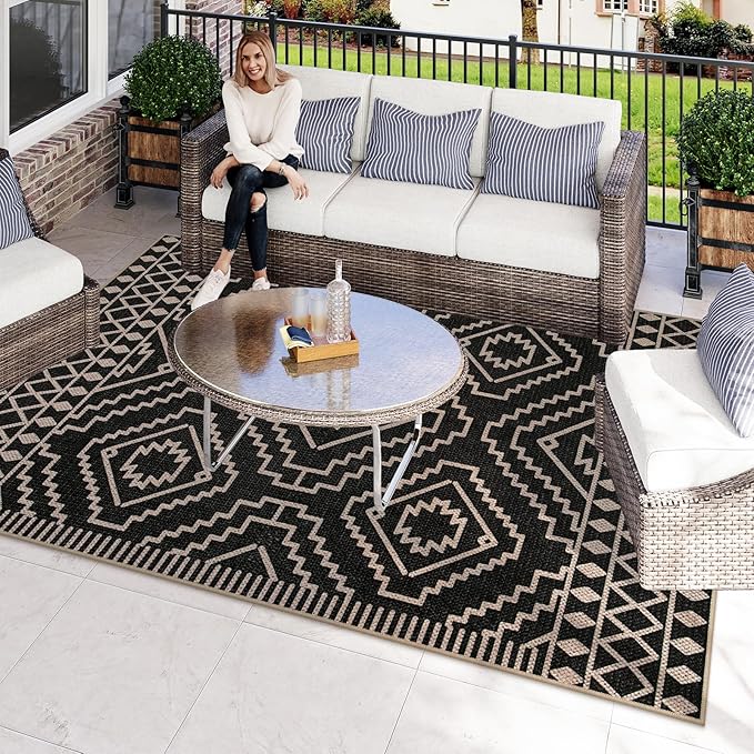 Lahome Bijou Moroccan Easy Jute 6x9 Rug for Living Room, Washable Indoor Outdoor Patio Rug, Farmhouse Dining Room Carpet Non Slip Contemporary Black Carpet for Backyard Deck Office Decor