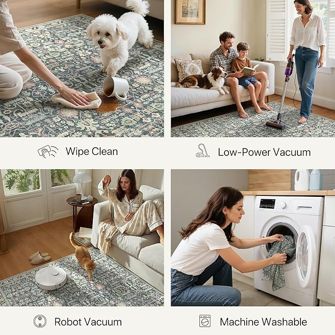 Bavni Area Rugs 8X10-Machine Washable Rug Lightweight Low Pile, Vintage Floral Rug Non-Shedding Distressed Throw Carpet for Living Room Bedroom Office, Green/Blue
