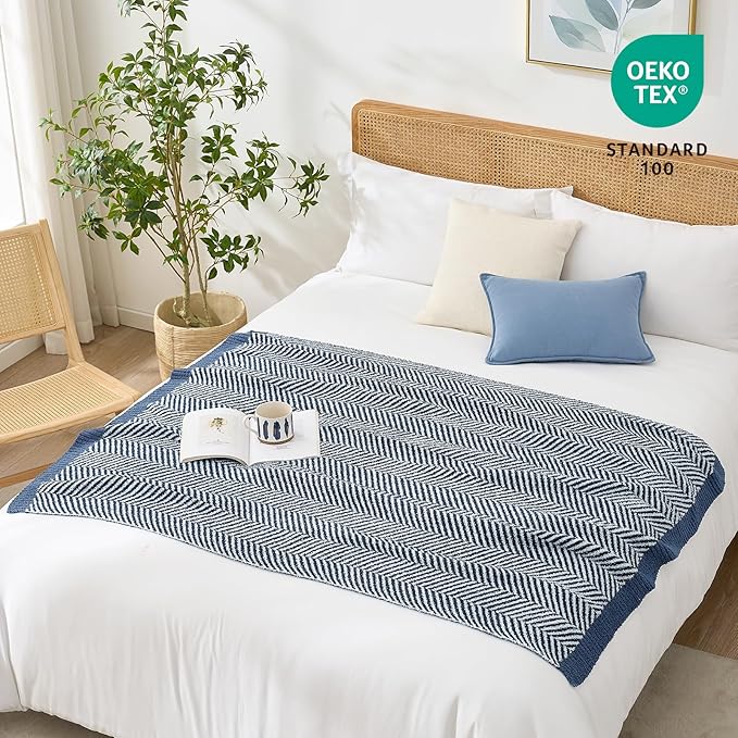 Snuggle Sac Herringbone Throw Blanket for Couch, Reversible Super Soft Warm Blankets Cozy Knit Fuzzy Plush Lightweight Throws for Sofa, Bed, Camping, Navy, 50x60 inches