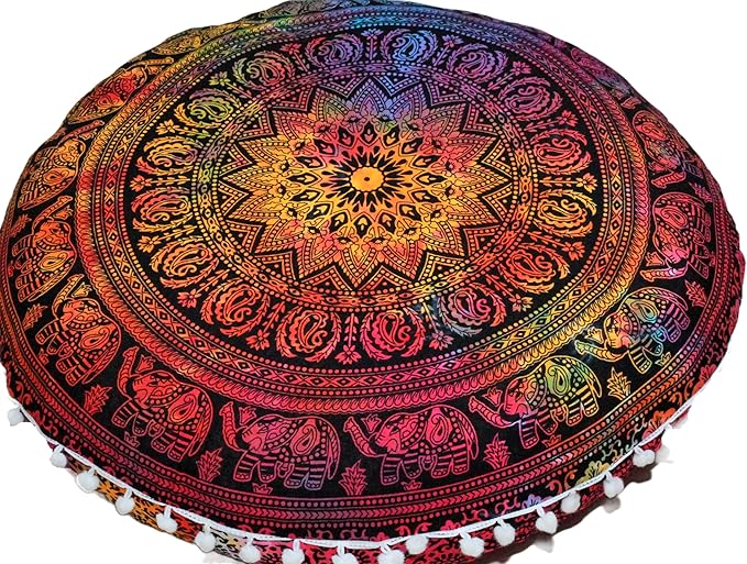 Round Mandala Floor Pillow Cover Seating Cushion Throw Cover Hippie Decorative Bohemian Ottoman Pouf Cover, Pom Pom Pillow Cases,Boho Indian 22 Inches (Multi Elephant Flower)