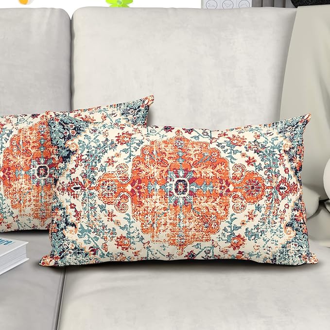 Orange Blue Ethnic Boho Lumbar Pillow Covers 12x20 Inch Bohemian Carpet Vintage Rust Coral Floral Pillow Cases for Couch Farmhouse Rectangle Rustic Rug Pillow Cases for Bed Patio Outdoor Indoor Set 2