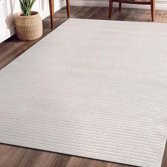 Beverly Rug Easy Jute Off White Rug 6x9 Solid Washable Durable Outdoor Indoor Area Rugs for Living Dining Room Patio Office Stain Resistant Non Shedding Casual Indoor Outside Carpet (6 x 9 Off-White)