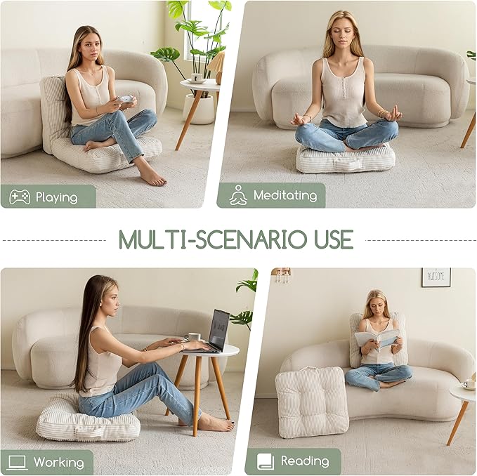 HIGOGOGO Floor Pillow Cushion for Adults, Meditation Cushion Pillow, Large Square Floor Sitting, Tufted Corduroy Cover, for Tatami Living Room or Yoga, 22x22 Inch, Beige