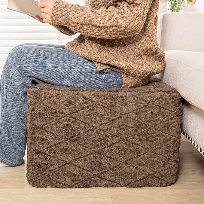 Fluffy Square Ottoman Pouf with All-in-One Foam Filling 20 x 14 Inches Furry Ottoman Foot Rest Foot Stool for Living Room or Bedroom (Coffee)