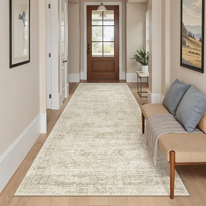 Hallway Runner Rug 4x8 Wide: Washable Thin Runners for Hallways Entry, Non Slip Soft Vintage Kitchen Area Rugs for Living Room Bedroom Dining Room Foyer (Beige, 4x8)