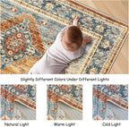 6x9 Area Rugs for Nursery Room, Easy-to-Care Washable Rug with Non-Slip Backing, Ultra-Thin Soft Rugs for Bedroom, Living Room, Floral Vintage Area Rug (Navy/Orange, 6'x9')