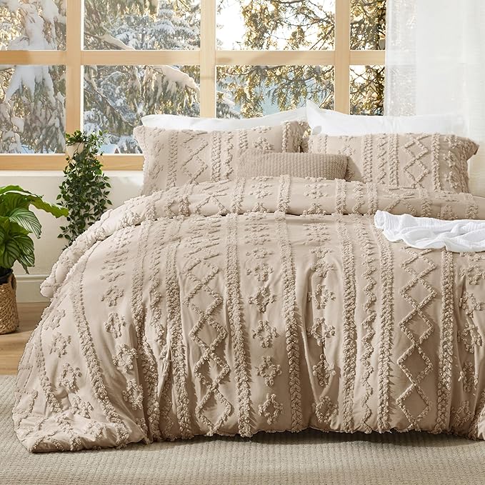 Bedsure Tufted Boho Comforter Set California King Size - Khaki Boho Bed Set, GentleSoft™ 3 Pieces Farmhouse Shabby Chic Embroidery Bedding, Gifts for Woman, Soft Jacquard Comforter for All Seasons