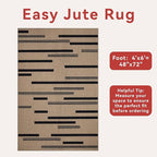 Tangsoo Washable Stripe Easy Jute Rug 4x6 for Paito,Non-Slip Indoor Outdoor Thin Carpet,Farmhouse Black Throw Mat for Front Porch Dining Room Bedroom Backyard Foyer
