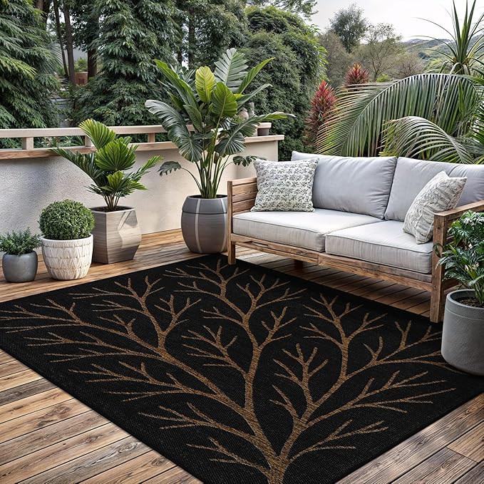 Washable Indoor Outdoor Rug 8x10 Modern Area Rugs Branch Pattern Non Shedding Waterproof Easy Clean Patio Deck Porch Living Room Bedroom Garden RV (8 X 10 Gold)