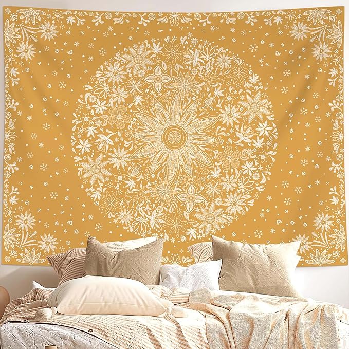 Neasow Bohemian Tapestry Wall Hanging, Orange Floral Tapestry with Dotted Daisy Medallion Print Bedroom Boho Hippie Home Decor, 60x80 inches