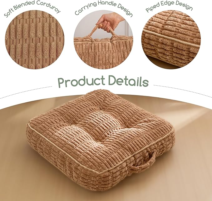 Washable Floor Pillow Cushion for Adults, Meditation Cushion Pillow, Removable Tufted Blended Corduroy Cover, Large Square Floor Sitting for Tatami Living Room or Yoga, 22x22 Inch, Machine Washable