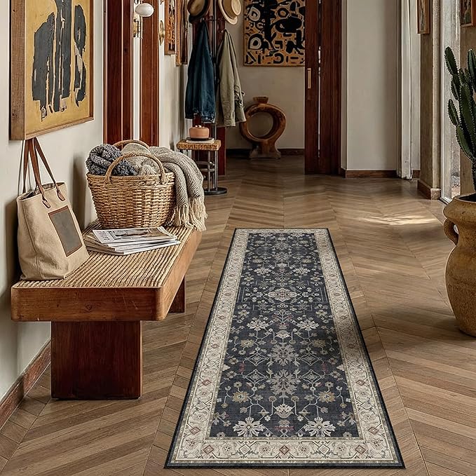 Black 2x6 Runner Rug Washable Hallway Vintage Carpet Small Indoor Kitchen Non Slip Low Pile Thin Soft Stain Resistant Accent Throw Rug for Laundry Bathroom Bedroom Living Room