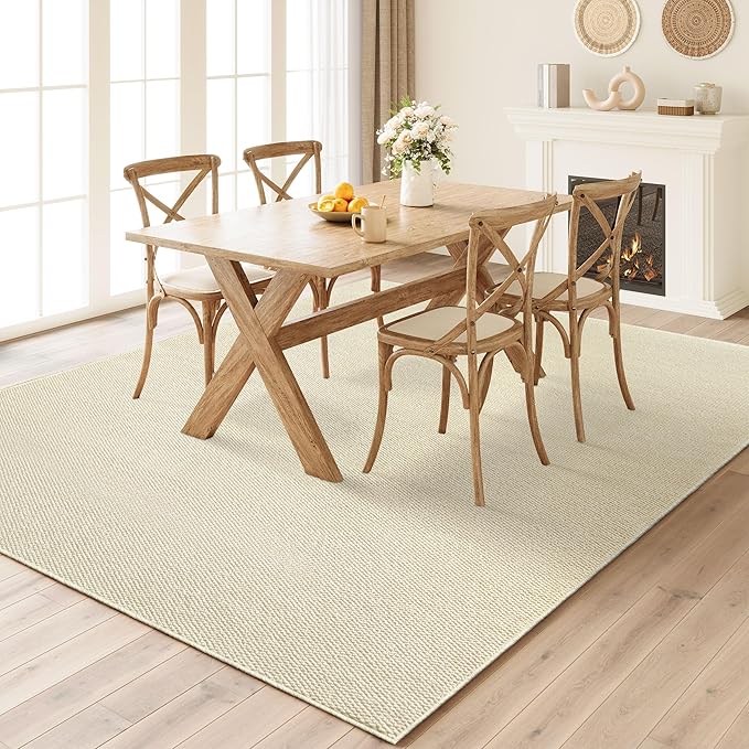 Faux Jute Non-Slip Area Rug, 9x12 Washable Pet-Friendly Floor Mat for Living Room, Bedroom, Entryway, Machine Woven Durable Scratch Resistant Carpet, Cream Beige