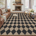 8x10 Checkered Easy Jute Area Rug for Living Room Large Checkerboard Washable Indoor Outdoor Carpet Farmhouse Patio Office Mat Textured Diamond Non Slip Black Carpet for Backyard Dining Room