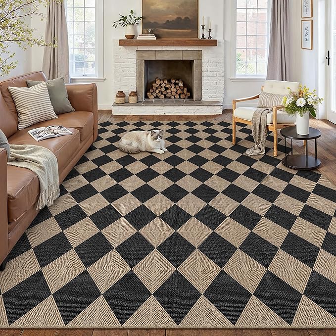 8x10 Checkered Easy Jute Area Rug for Living Room Large Checkerboard Washable Indoor Outdoor Carpet Farmhouse Patio Office Mat Textured Diamond Non Slip Black Carpet for Backyard Dining Room