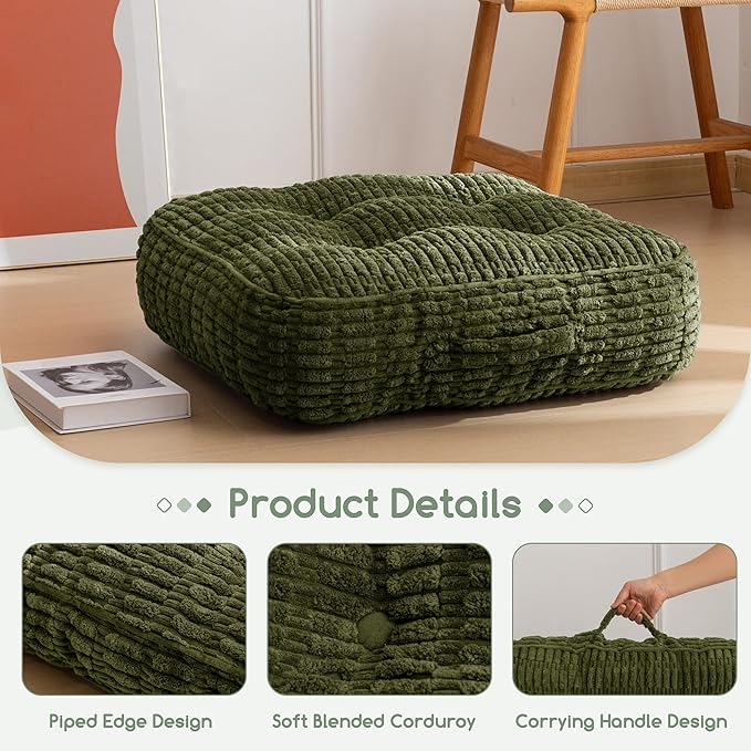 6" Washable Floor Pillow Cushion for Adults, Meditation Cushion Pillow, Removable Tufted Blended Corduroy Cover, Large Square Floor Sitting for Tatami Living Room or Yoga, 2Pack, Machine Washable