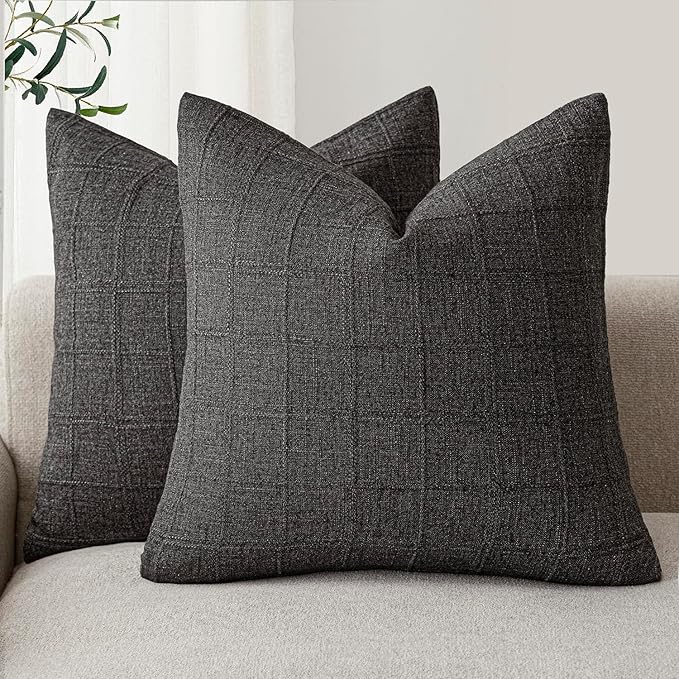 Foindtower Set of 2 Decorative Linen Check Throw Pillow Covers Neutral Farmhouse Vintage Cushion Covers Modern Boho Home Decor for Sofa Chair Couch Bedroom Living Room,22×22 Inch,Charcoal