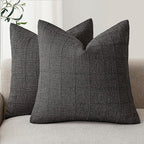 Foindtower Set of 2 Decorative Linen Check Throw Pillow Covers Neutral Farmhouse Vintage Cushion Covers Modern Boho Home Decor for Sofa Chair Couch Bedroom Living Room,16×16 Inch,Charcoal
